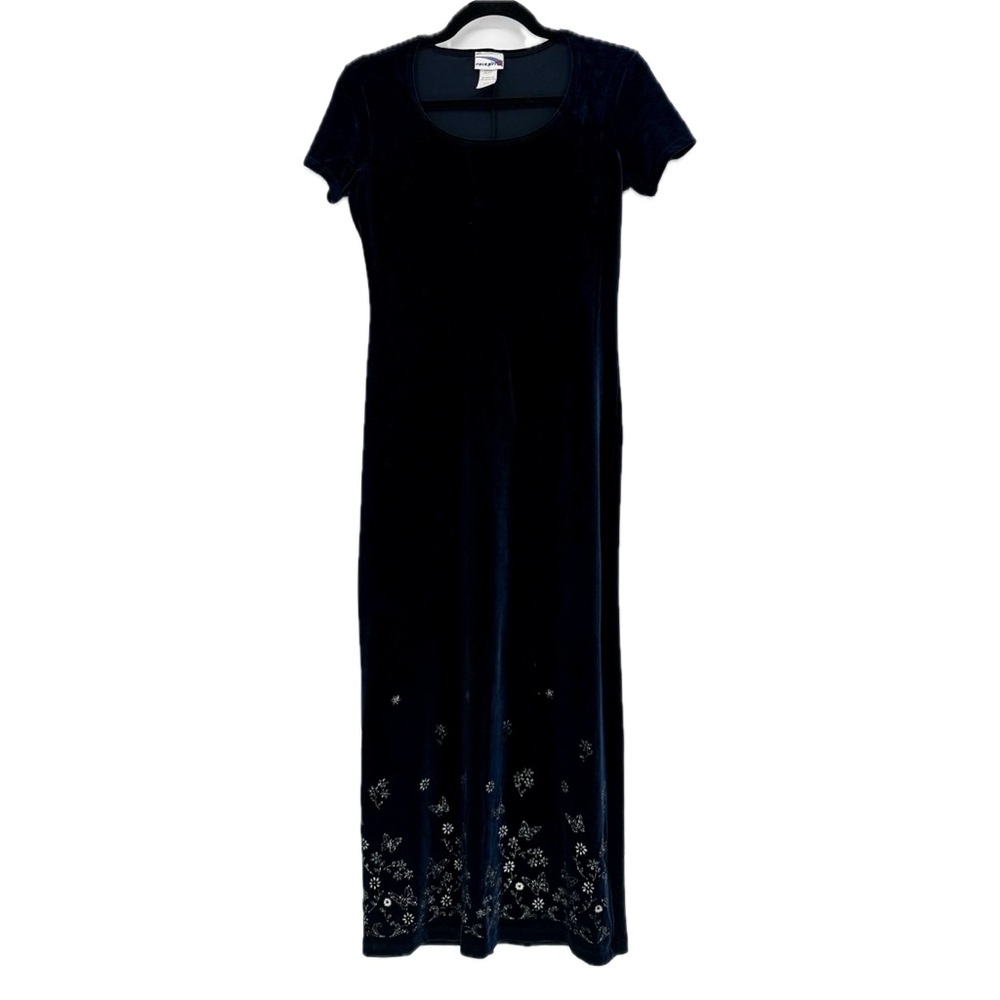 Vintage 90s Rave Velvet Navy Maxi Dress Glitter Butterfly Floral Size Small